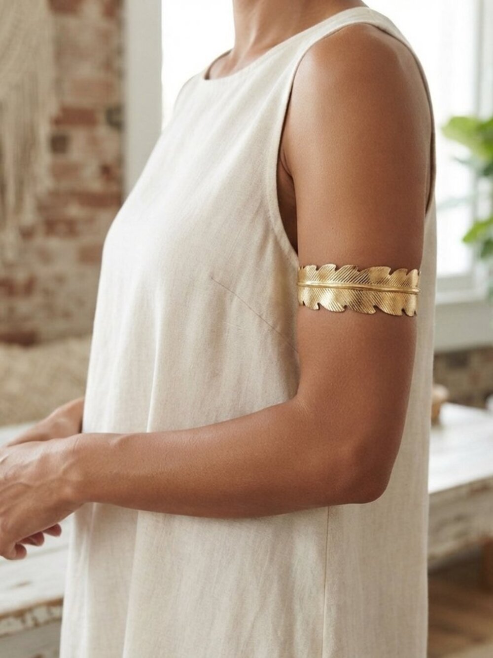 Gold Tone Metal Feather Leaf Armband – Adjustable Bohemian Upper Arm Cuff Bangle